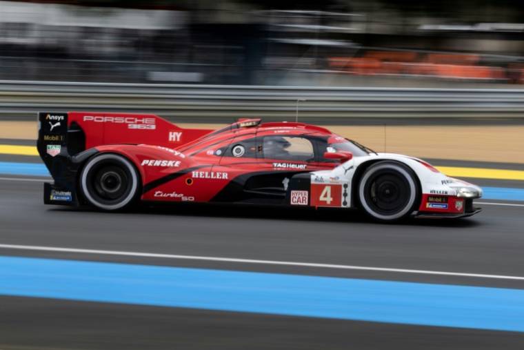 The Porsche of French driver Mathieu Jaminet, one of the three official Porsches, on June 15, 2024 at the 24 Hours of Le Mans.  (AFP / FRED TANNEAU)
