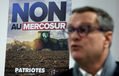 Le vice-président du Rassemblement nationa, Louis Aliot, lors d'une conférence de presse contre le traité UE-Mercosur, le 22 février 2025 à Perpignan ( AFP / Valentine CHAPUIS )