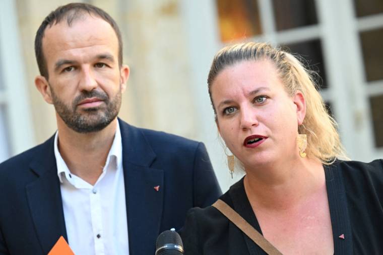 Manuel Bompard et Mathilde Panot à Paris, le 15 septembre 2023. ( AFP / BERTRAND GUAY )
