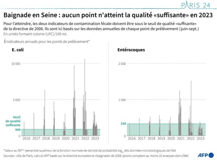 Indicateurs de qualité de l'eau calculés chaque année pour les points de prélèvement en Seine parisienne, sur la base de la directive européenne "baignade" de 2006 ( AFP / Nalini LEPETIT-CHELLA )