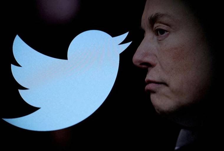 Le logo de Twitter et une photo d'Elon Musk sont affichés