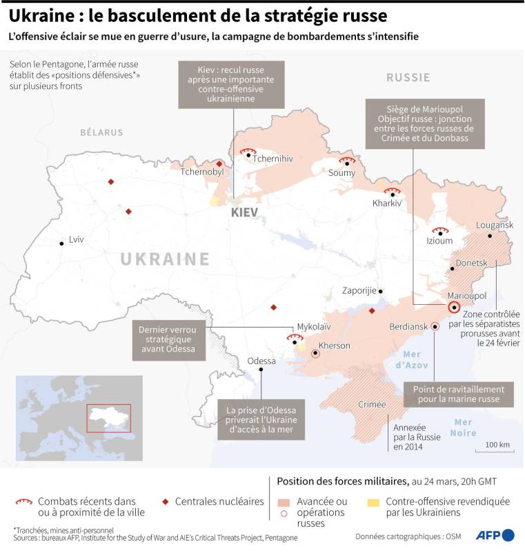 Carte d'Ukraine montrant l'évolution de la stratégie russe dans la guerre menée depuis le 24 février ( AFP /  )