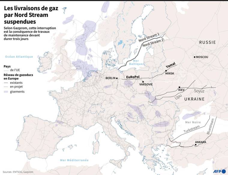 Carte de l'Europe montrant le réseau de gazoducs existants et en projet, mettant en évidence ceux en provenance de Russie ( AFP /  )