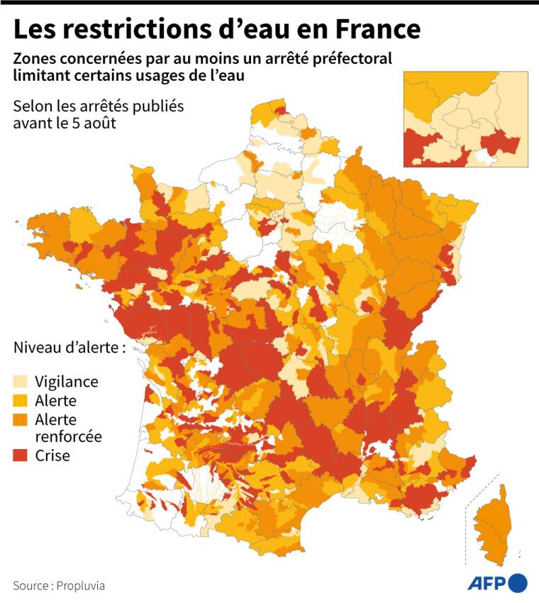 Carte de France métropolitaine localisant les restrictions d'eau et les zones concernées par des arrêtés préfectoraux, au 5 août ( AFP /  )