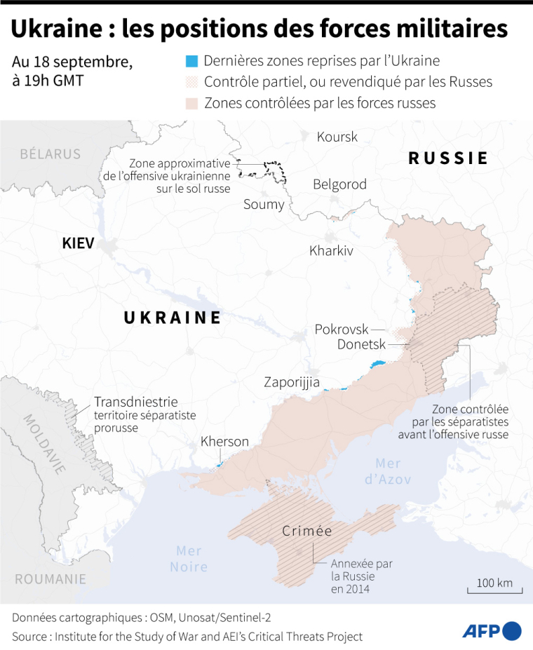 Carte des zones contrôlées par les forces ukrainiennes et russes en Ukraine au 18 septembre 2024 à 19h GMT ( AFP / Valentin RAKOVSKY )