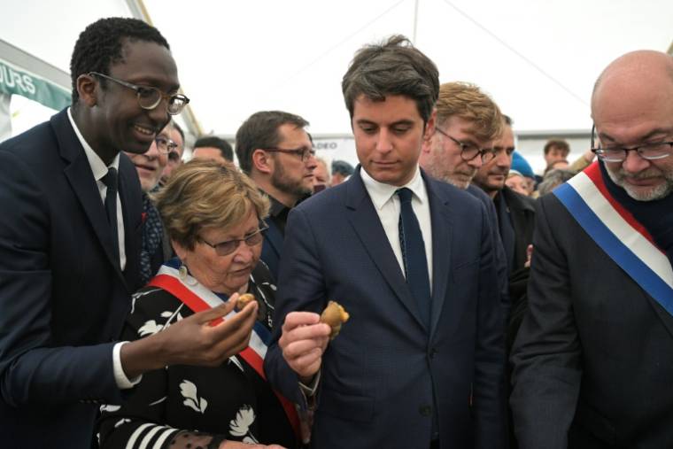 Le Premier ministre Gabriel Attal (C) lors de sa visite à la Foire aux Bulots à Pirou dans la Manche, le 27 avril 2024 ( AFP / DAMIEN MEYER )