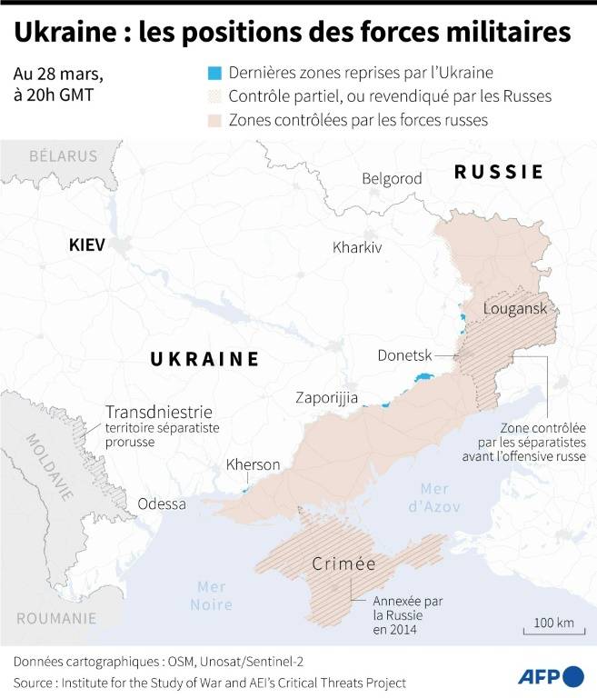 Carte des zones contrôlées par les forces ukrainiennes et russes en Ukraine au 28 mars 2024 à 20h GMT ( AFP / Valentin RAKOVSKY )