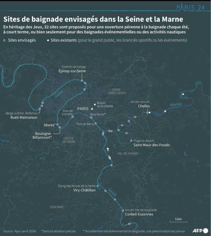 Carte des sites de baignade envisagés dans la Seine et la Marne, en héritage des Jeux olympiques et paralympiques de Paris 2024, ainsi que des sites de baignade existants ( AFP / Nalini LEPETIT-CHELLA )