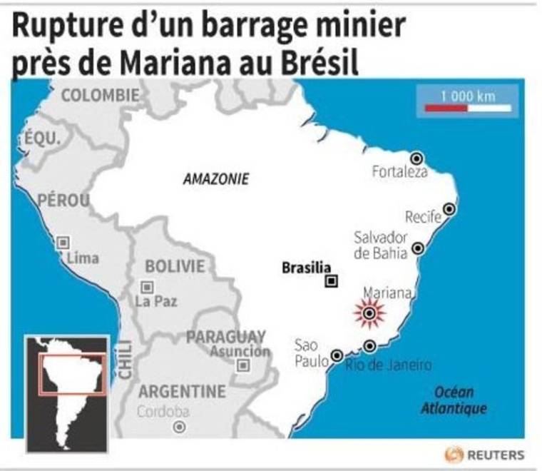 RUPTURE D’UN BARRAGE MINIER PRÈS DE MARIANA AU BRÉSIL