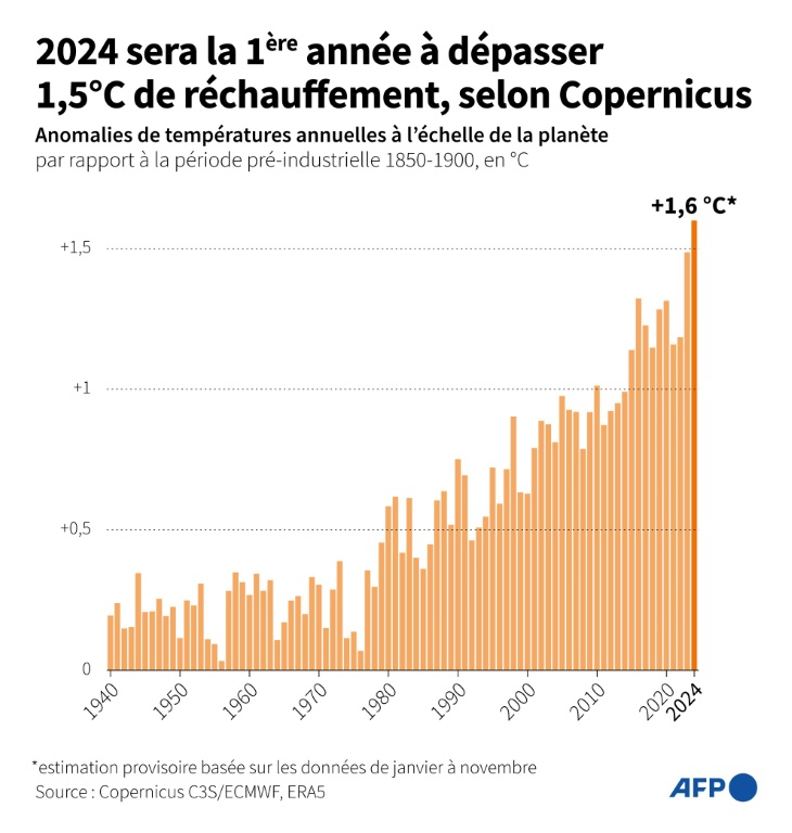 Graphique montrant les anomalies de températures annuelles à l'échelle de la planète depuis 1940 (en °C) par rapport à la période pré-industrielle (1850-1900), d'après les données de Copernicus ( AFP / Pauline PAILLASSA )