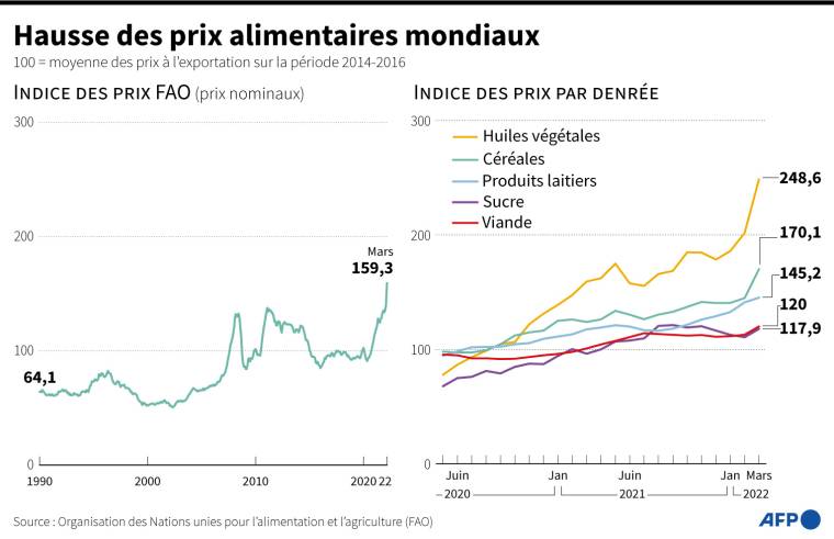 Indice des prix FAO et indice des prix par denrées, jusqu'en mars 2022 ( AFP /  )