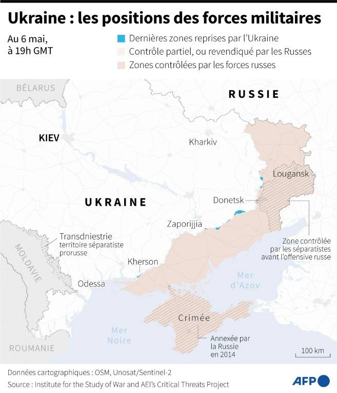 Carte des zones contrôlées par les forces ukrainiennes et russes en Ukraine au 6 mai 2024 à 19h GMT ( AFP / Valentin RAKOVSKY )