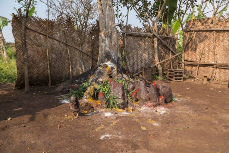 Des offrandes de sel, d'huile de palme et d'acajou sont vues sur le sol d'un site sacré et lieu de sacrifice, près des chutes de Metche, à Bafoussam (Cameroun) le 14 décembre 2019. ( AFP / - )
