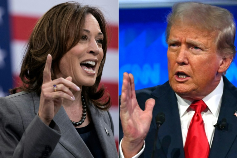 Un montage photo créé le 3 août 2024 avec Kamala Harris à Raleigh le 26 mars 2024, et Donald Trump à Atlanta le 27 juin 2024 ( AFP / Brendan Smialowski )