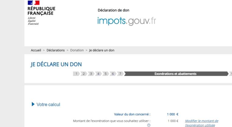 A la fin de la déclaration, le fisc calcule les éventuels droits de donation à payer. (© Capture d'écran impots.gouv)