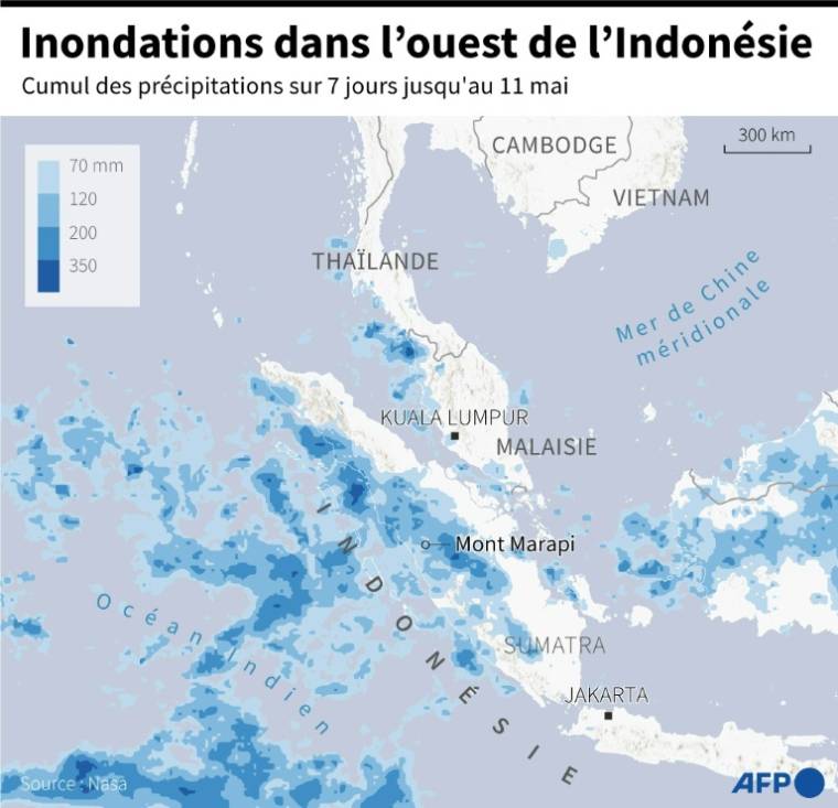 Carte de l'Indonésie montrant les précipitations cumulées sur 7 jours jusqu'au 11 mai, d'après les données de la Nasa ( AFP / Nicholas SHEARMAN )