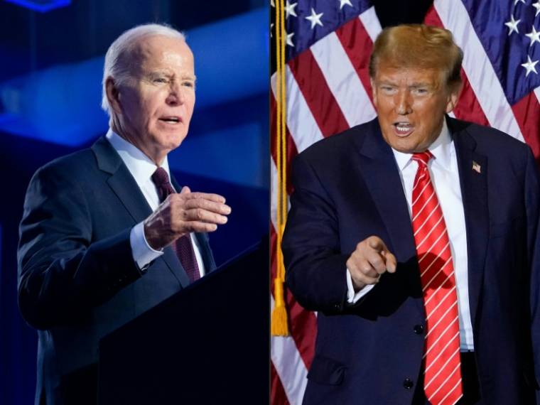 Photomontage créé le 8 février 2024 et montrant Joe Biden à Las Vegas le 4 février 2024 et Donald Trump à Concord, dans le New Hampshire, le 19 janvier 2024 ( AFP / SAUL LOEB )