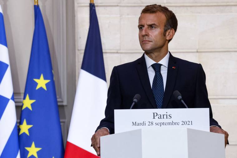 Emmanuel Macron donne une conférence de presse, le 28 septembre 2021. ( AFP / LUDOVIC MARIN )
