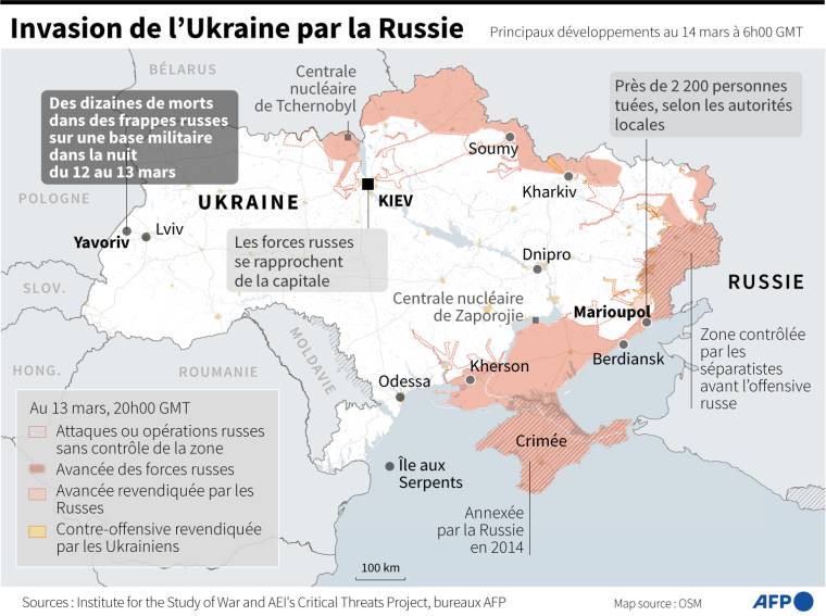 Carte montrant les derniers développements en Ukraine au 14 mars à 06H00 GMT. ( AFP /  )