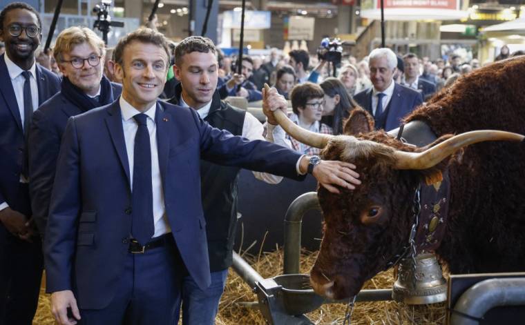 Emmanuel Macron et Marc Fesneau lors du salon de l'agriculture, le 25 février 2023. ( POOL / LUDOVIC MARIN )