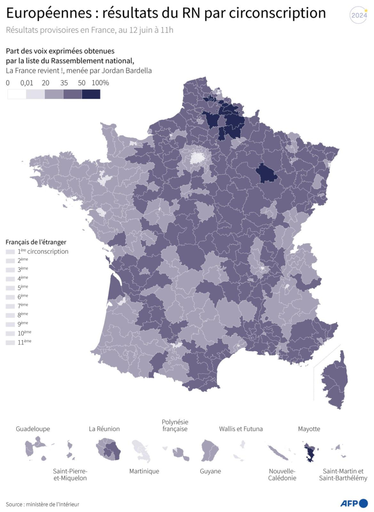 Part de voix exprimées obtenues par le RN dans chaque circonscription législative en France, lors des élections européennes de juin 2024, résultats provisoires au 12 juin à 11h ( AFP / Nalini LEPETIT-CHELLA )