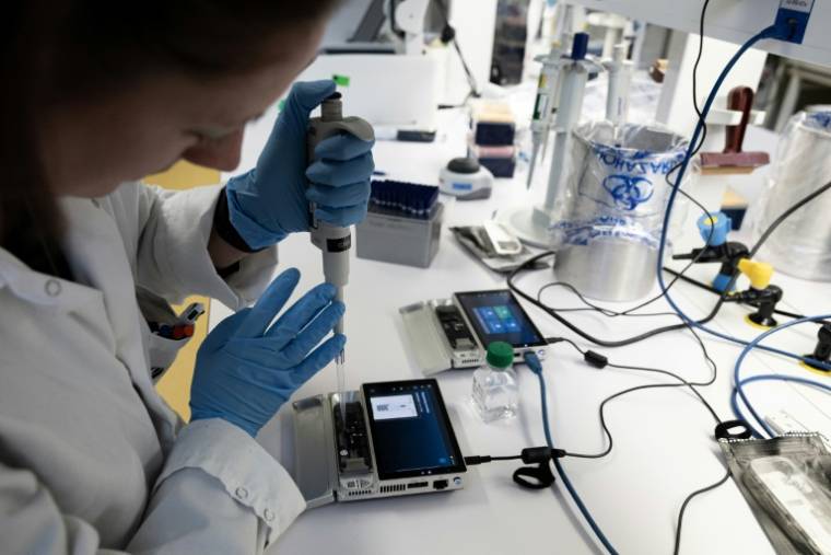 Une biologiste travaille sur un échantillon d'agents pathogènes à la Cellule d'intervention biologique d'urgence (CIBU) de l'Institut Pasteur, le 23 avril 2024 à Paris ( AFP / Alain JOCARD )