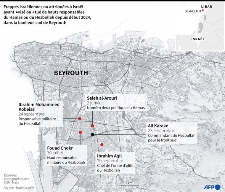 Carte de Beyrouth localisant les endroits où responsables du Hamas ou du Hezbollah ont été visé ou tués par des frappes israéliennes ou attribuées à Israël depuis début 2024 ( AFP / Cléa PECULIER )