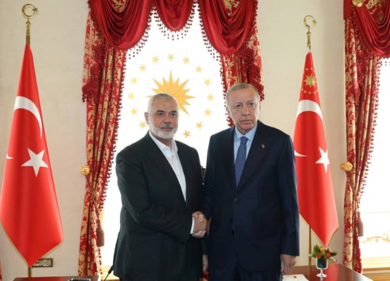 Photo transmise par la présidence turque le 20 avril 2024 montrant le président turc Recep Tayyip Erdogan (D) aux côtés du  chef du Hamas, Ismaïl Haniyeh lors d'un entretien à Istanbul ( TURKISH PRESIDENTIAL PRESS SERVICE / Turkish Presidental Press Service )