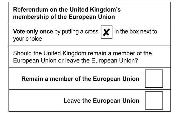 Facsimilé du bulletin de vote que les Britanniques auront entre les mains jeudi 23 juin de manière à se prononcer pour ou contre le maintien du Royaume-Uni dans l’Union européenne. Source : Wikimedia.