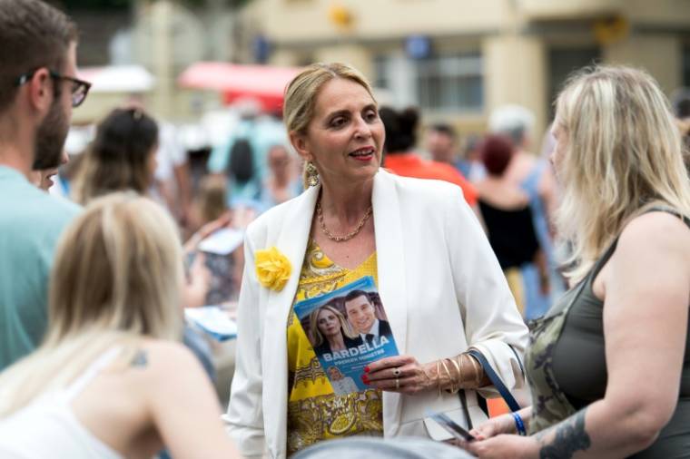 Michèle Martinez, candidate du RN, sur le marché de Collioure, dans les Pyrénées-Orientales, le 26 juin 2024 ( AFP / Matthieu RONDEL )