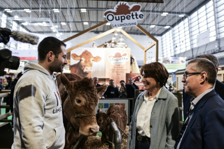 La ministre de l'Agriculture Annie Genevard en discussion avec Alexandre Humeau (à gauche), l'éleveur d'Oupette, vache Limousine égérie du 61e Salon de l'agriculture, à la veille de son ouverture à Paris, le 21 février 2025 ( AFP / Thibaud MORITZ )