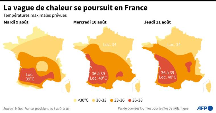 Températures prévues par Météo-France pour les 9, 10 et 11 août ( AFP /  )