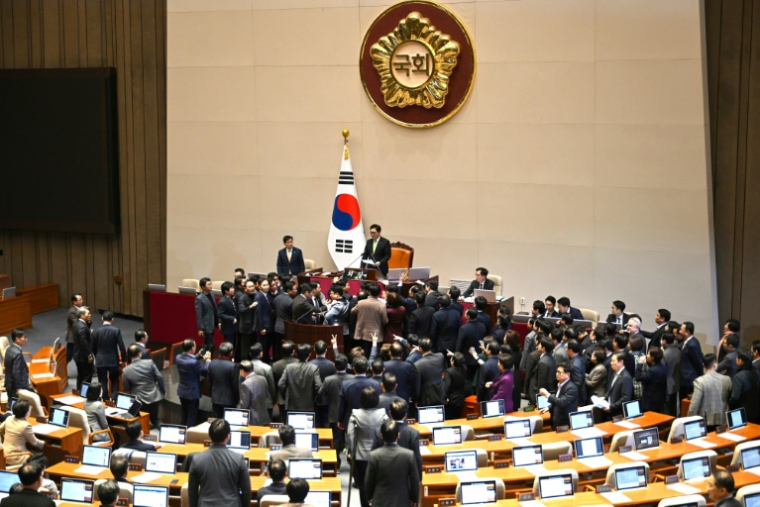 Les députés du parti au pouvoir en Corée du Sud protestent lors du vote de la motion de destitution du président par intérim le 27 décembre 2024 à l'Assemblée nationale de Séoul ( AFP / JUNG YEON-JE )