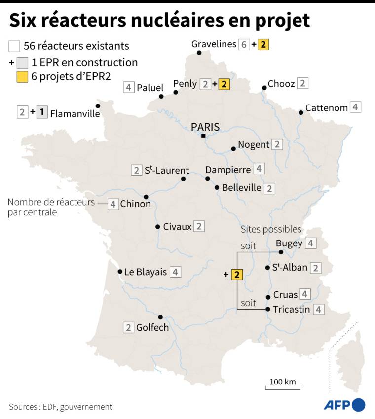 Localisation des actuelles centrales nucléaires en France et des projets de nouveaux EPR ( AFP / Sophie RAMIS )