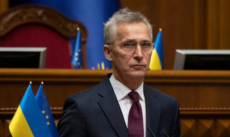 Le secrétaire général de l'Otan Jens Stoltenberg, au Parlement ukrainien le 29 avril 2024 à Kiev ( AFP / ANDRII NESTERENKO )