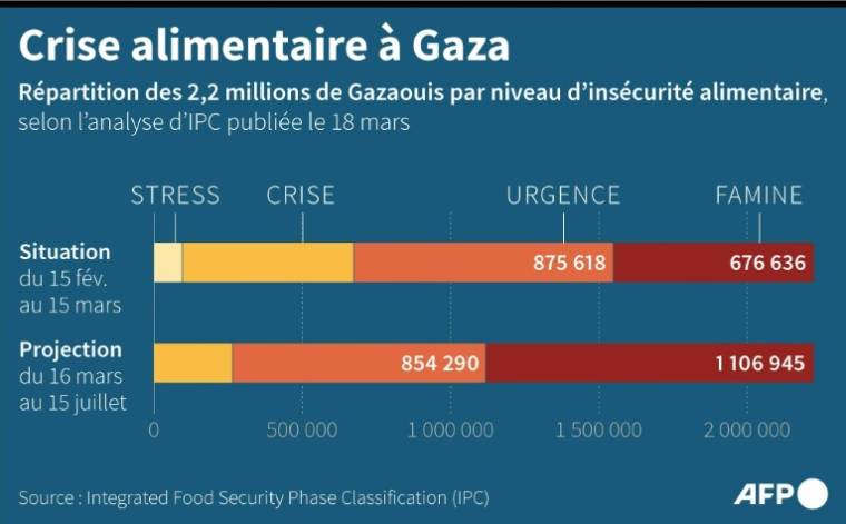 Répartition de la population de la bande de Gaza par niveau d'insécurité alimentaire, d'après les données de l'IPC publiées le 18 mars 2024 ( AFP / Nalini LEPETIT-CHELLA )