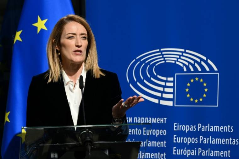 La présidente du Parlement européen, Roberta Metsola, le 10 avril 2024 à Bruxelles ( AFP / John THYS )