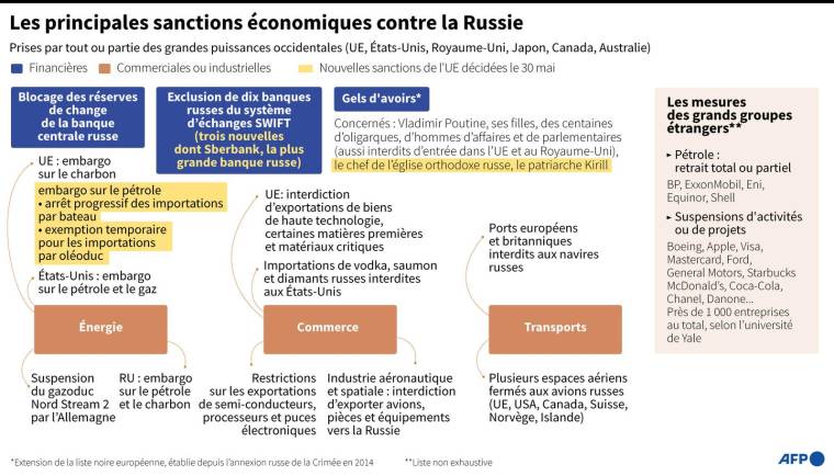 Graphique montrant les principales sanctions économiques prises par les puissances occidentales contre la Russie au 31 mai ( AFP /  )