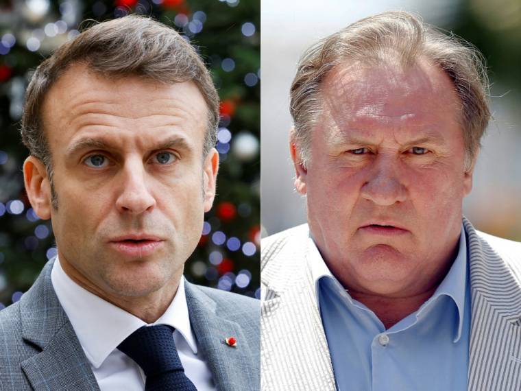 Emmanuel Macron à Paris, le 13 décembre 2023 et Gérard Depardieu à Nice, le 6 juin 2023. ( AFP / LUDOVIC MARIN )