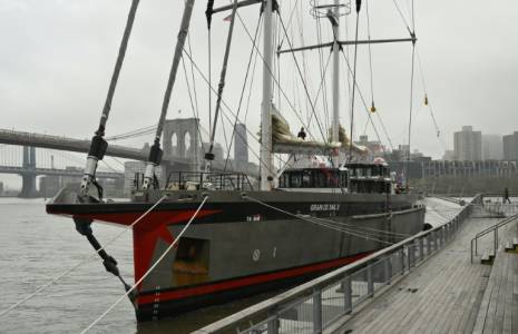 Le navire "Grain de Sail II" amarré à New York le 12 avril 2024 ( AFP / ANGELA WEISS )