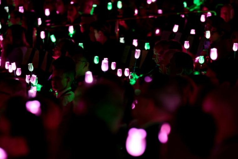 Le public tient des fleurs lumineuses roses et vertes aux couleurs de "Wicked", lors de la présentation du film au CinemaCon de Las Vegas, le 10 avril 2024 ( GETTY IMAGES NORTH AMERICA / Gabe Ginsberg )