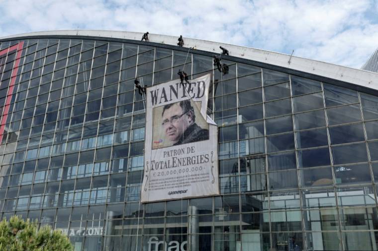 La police enlève une banderole avec le portrait du patron de TotalEnergies Patrick Pouyanne avec marqué "Wanted" installée par des activistes écologistes, le 24 mai 2024, à Courbevoie dans les Hauts-de-Seine lors de l'assemblée générale du groupe TotalEnergies ( AFP / STEPHANE DE SAKUTIN )