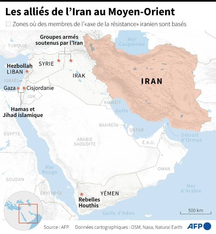 Territoires où des groupes membres de l'"axe de la résistance" iranien sont basés au Moyen-Orient ( AFP / Olivia BUGAULT )