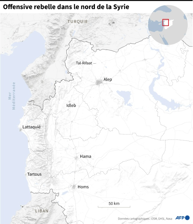 Carte des provinces nord de la Syrie où les rebelles ont lancé une offensive ( AFP / Sylvie HUSSON )