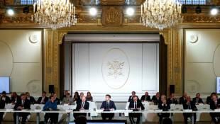 Le président français Emmanuel Macron à l'ouverture d'une conférence en soutien à l'Ukraine, le 26 février 2024 à l'Elysée, à Paris ( POOL / GONZALO FUENTES )