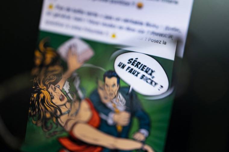Une publicité publiée sur Facebook le 9 octobre 2019, pour la marque belge de hamburgers Bicky Burger, représentant un homme brandissant son poing pour frapper une femme portant un récipient de restauration rapide alors que il s'exclame : "Sérieusement, un faux Bicky ?".  ( AFP / KENZO TRIBOUILLARD )