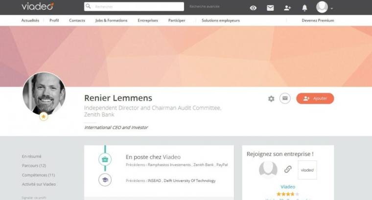Capture d'écran du profil du PDG Renier Lemmens sur le réseau social Viadeo. (© Viadeo)