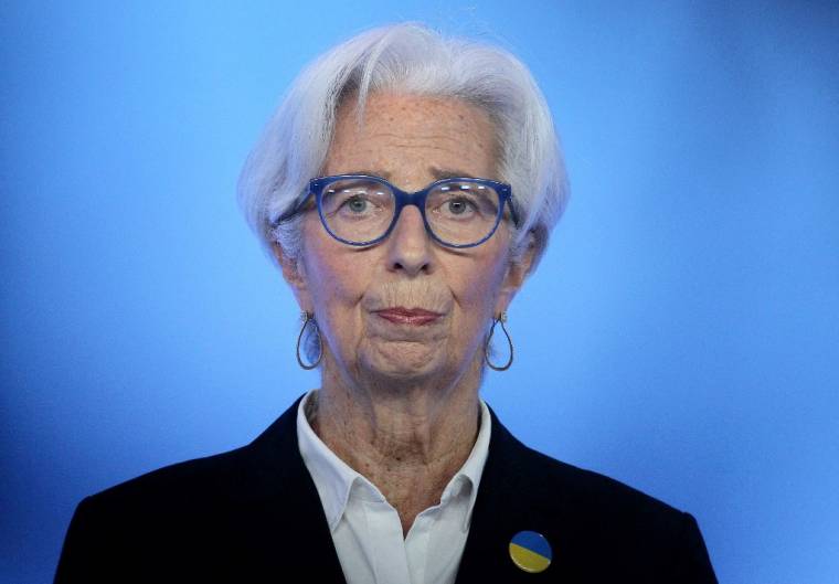 Christine Lagarde, le 7 avril 2022, lors d'une conférence de presse à Francfort. ( POOL / DANIEL ROLAND )