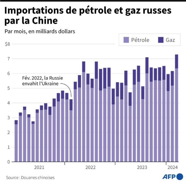 Importations de pétrole et de gaz russes par la Chine depuis janvier 2021, selon les Douanes chinoises ( AFP / Nicholas SHEARMAN )