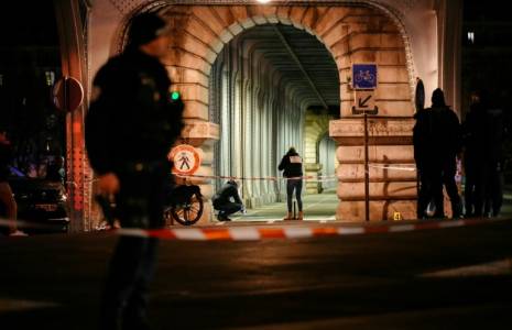 Périmètre de sécurité policier au niveau du pont Bir Hakeim à Paris après une attaque au couteau et au marteau, le 2 décembre 2023 ( AFP / Dimitar DILKOFF )